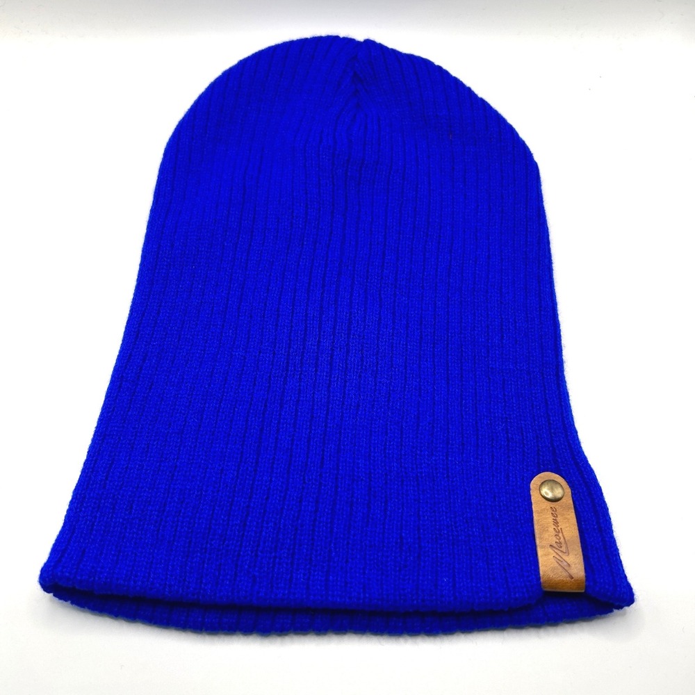 Maowee Beanie Unisex OS Blue Ribbed Knit Leather Tab Slouchy Skull Cap Warm Soft